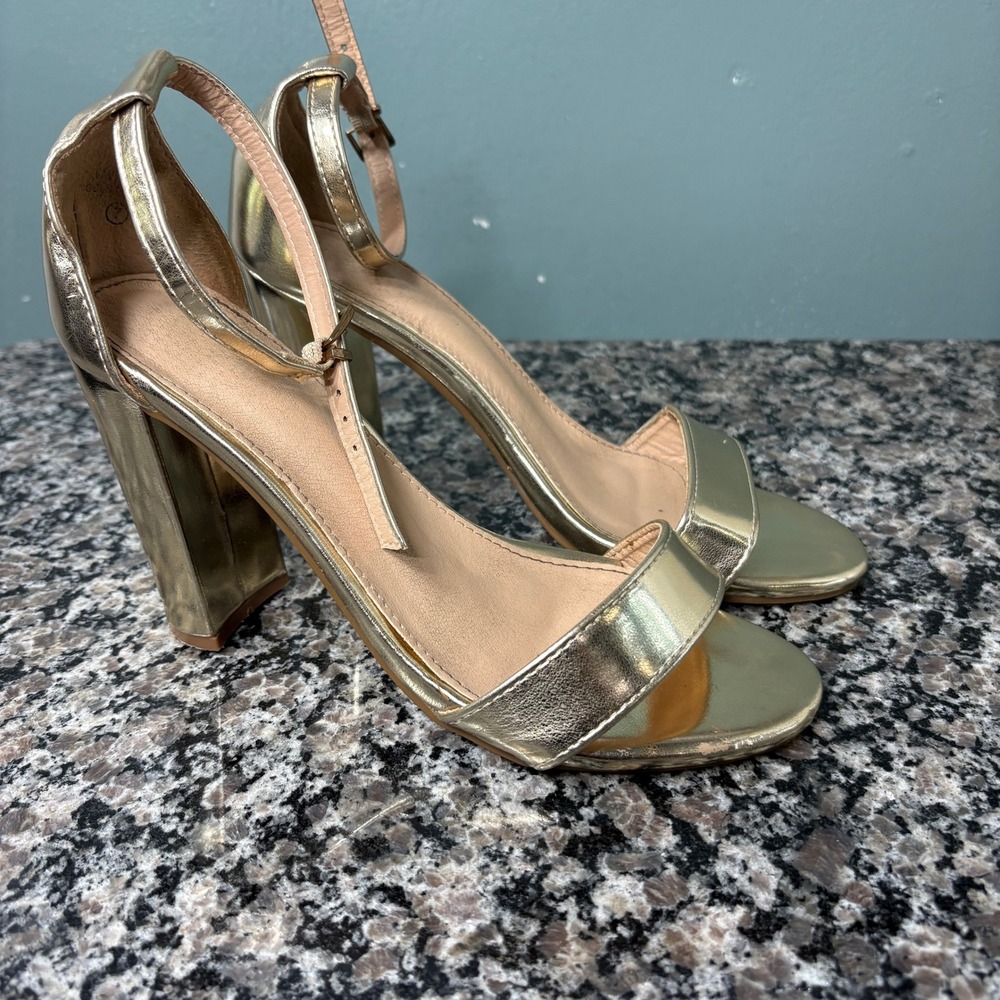 Bella Marie Gold Metallic Block Heel Ankle Strap Sandals Open Toe Dress Shoes 7
